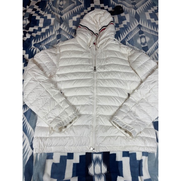 Moncler Jackets & Blazers - Moncler White Hooded Puffer Jacket Tricolor Trim Womens Size 4 Made in Romania